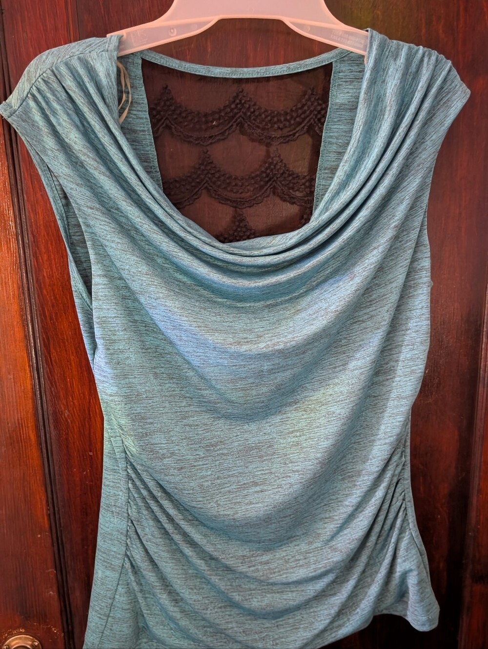 Teal Sleeveless Cowl Neck Top with Black Lace Cutout